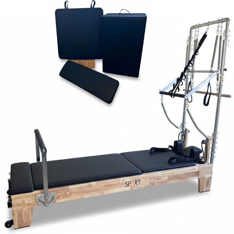 pilates-reformer-con-tower-legno-professionale Macchinario Pilates Reformer professionale in legno con torre tower in acciaio e accessori